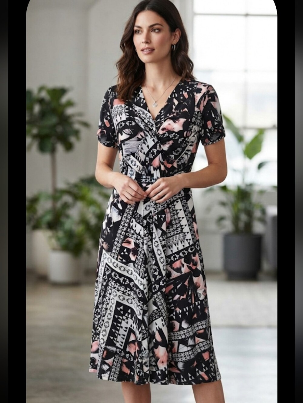 Perceptions Black, White and Peach Geometric Midi Dress